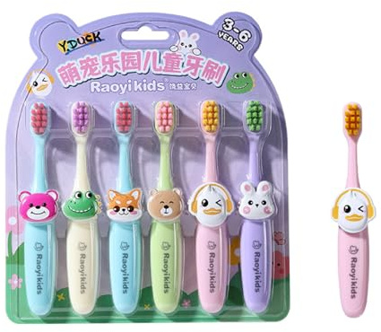 Vonmerie Kids Toothbrush 6-Pack, Soft 0.12mm Bristles & Suction Cup, BPA-Free PP+PBT, Ergonomic Grip, Cute Animal Design for Boys Girls Ages 3-6