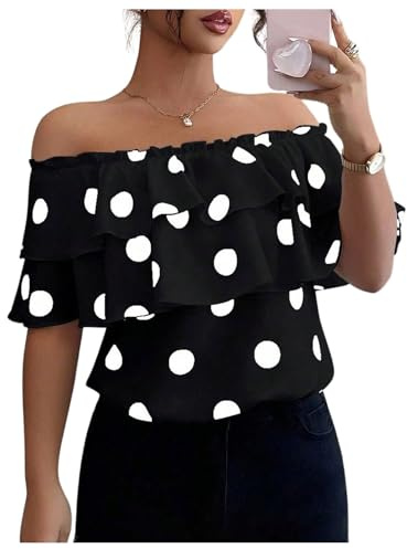 GORGLITTER Women's Polka Dots Off Shoulder Top Ruffle Going Out T Shirt | Short Sleeve, Tunic Tops, Vintage, Retro, Off The Shoulder Tops for Summer, Going Out, Holiday
