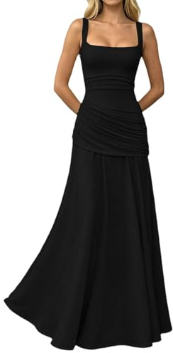 Robe de demoiselle d'honneur longue pour femme - Robe trapèze plissée - Robe de soirée élégante pour mariage - Robe de mariée sans manches - Robe de bal festive - Robe de cocktail, 02 noir., L