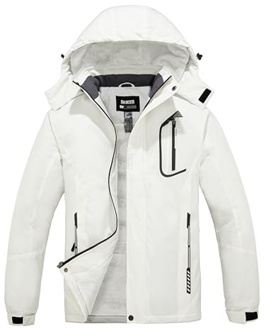 Skieer Men's Waterproof Ski Jacket Hooded Warm Winter Snow Jacket Quilted Raincoat(White,Medium)
