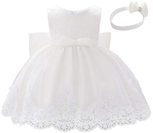 Lito Angels Blumenmädchen Elegantes Ballkleid Hochzeit Kleid Spitzenkleid mit Stirnband für Baby Mädchen Größe 6-12 Monate 74 80 Weiß 426 (Tag-Nummer 70)