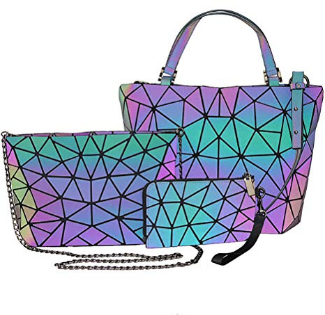 Yumira Lot de 3 sacs à main pour femme - Design géométrique - En cuir synthétique - Lumineux - Sac à bandoulière - Porte-monnaie - Holographique réfléchissant, Holographique, 30*13.5*25cm/18*11cm