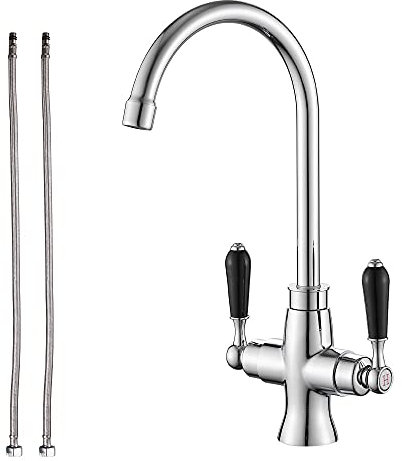 Heable Kitchen Sink Mixer Tap Elegant Black Ceramic Dual Lever Monobloc Swivel Spout Chrome Kitchen Taps with UK Standard Fittings