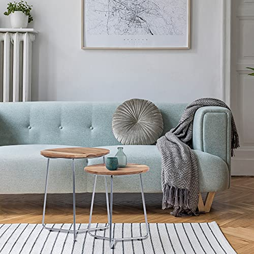 WOMO-DESIGN Beistelltisch 2er Set Ø 43x52/Ø 38x45 cm, Natur-Silber, Unikat, handgefertigt, Massivholz/Metallgestell, Industrie Design, Satztische Couchtisch Wohnzimmertisch Sofatisch Kaffeetisch Set