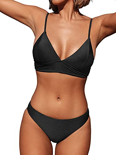 CUPSHE Damen Bikini Set Triangel Bikini Bademode Low Rise Brazilian Gerippter Zweiteiliger Badeanzug Swimsuit Schwarz M