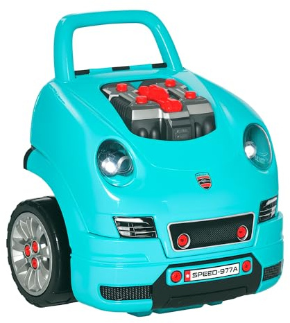 HOMCOM Motor de Camión para Niños de +3 Años Conjunto de Motor de Juguete con 61 Piezas Volante Bocina Faros Caja de Almacenaje y Ruedas 40x39x47 cm Turquesa