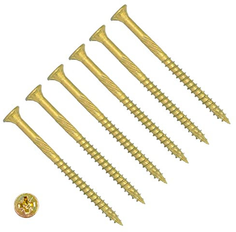 TERF High Performance Wood Screw 5.0 X 100mm Pozi Drive Flat Countersunk Double Head Screws 5.0 X 100mm For Hardest Hard Wood Fence Floorboard Hard and Softwood - Pack of 25, Zinc Yellow