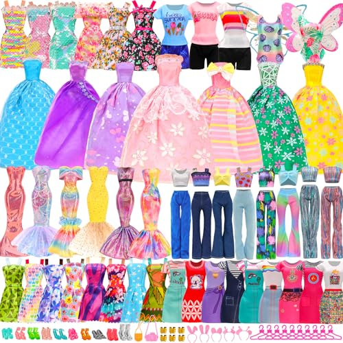 Miunana 54 Pcs 11.5 inch Doll Clothes & Accessories: Fashion Sequin Floral Dresses Tops Pants Swimsuits Party Dresses Wings Costume Shoes Hangers for Doll - Random Style Gifts for Girls