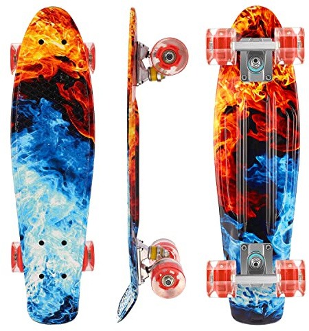 Caroma Skateboards para Niño Niña Principiantes Adulto,Monopatín para Niños de 22 Pulgadas,Skateboard Mini Cruiser con Ruedas de PU,Skateboard Completas con Rodamientos ABEC-7,Estilo Retro, Rojo&Azul