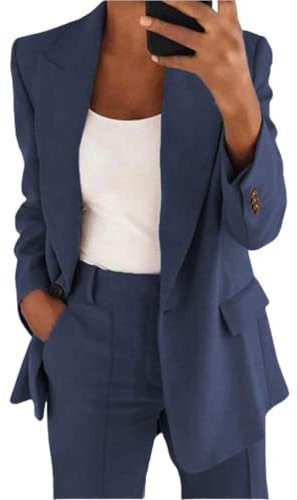 shownicer Damen Hosenanzug Elegant Business Anzug Set Revers Büro Blazer Hose 2-teilig Anzug Zweiteiler Slimfit Festlich Sportlich Streetwear A Marine M