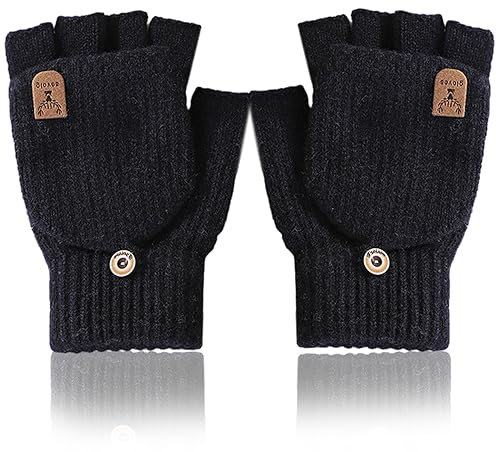 EUDUQ Winter Warme Handschuhe,Fingerlose Flip Handschuhe,Convertible fingerlos Mädchen handschuhe, Handschuhe ohne Finger,Strick Half Fingerfür Gloves für Damen und Herren Schwarz