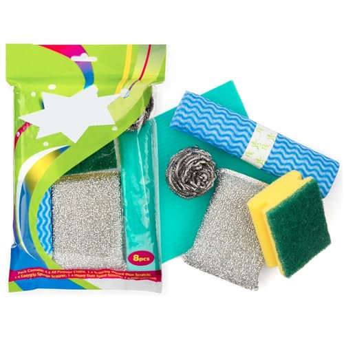 Kitchen cleaning cloth scourers kit heavy duty non scratch reusable multipurpose sponge scouring pads bathroom household restaurants cleaning accessories pan tiles dishes cleaner set 8 pcs