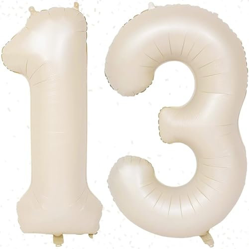 40 Inch Cream 13 Number Balloons, Self Inflating, Large Foil Mylar Helium Beige Digit Balloons for Boys Girls Birthday Party Anniversary Decorations