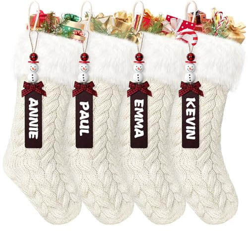 SOMYTING 4 Stück Weihnachtsstrumpf Gestrickte Wolle Weihnachtsstrumpfe mit Schneemann Namensschildern Christmas Stockings Weihnachtssocken Deko Weihnachtsfeier Weihnachtsdekorationen