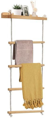 YTACREA Porte Serviette en Bois 5 Niveaux, 2-en-1 Porte Torchon Cuisine Murale, Échelle Porte Couvertures, Echelle Decorative Bois pour Serviette de Bain, Vêtements ou Journaux, Echelle Salle de Bain