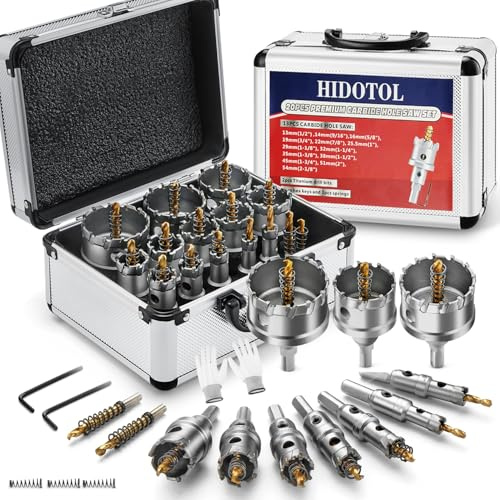 HIDOTOL 20PC TCT Carbide Hole Saw Kit 1/2 - 2-1/8 Tungsten Carbide Drill Bits Set with Titanium Pilot & L-Wrench, for Hard Metal Stainless Steel, Iron, Aluminum with Aluminium Case.