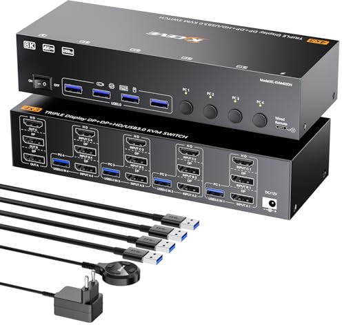 Switch KVM 8K@60Hz 4 PC 3 monitor, HDMI + 2Displayport KVM Switches Triple Monitor per 4 PC che condividono 3 monitor e 4 porte USB 3.0, con telecomando cablato, alimentatore e 4 USB