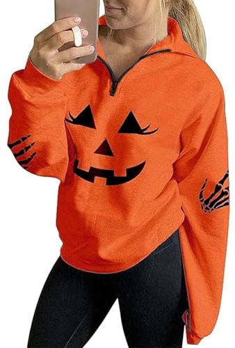 Duohropke Sweatshirt for Women Halloween Pullover without Hood Pumpkin Printed Hoodie with Half Zip Long Sleeve Crew Neck Top Casual Hooded Jacket with Pockets Hoodie Top, orange, S