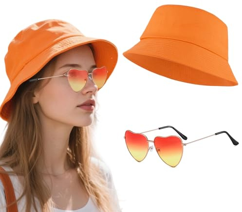 2 Piezas Sombrero de Pescador Naranja Gafas Retro en Forma de Corazon, protección UV, Unisex Gorra de Playa, para Hombres y Mujeres, al Aire Libre, Verano, Viajes, Carnaval, Fiesta