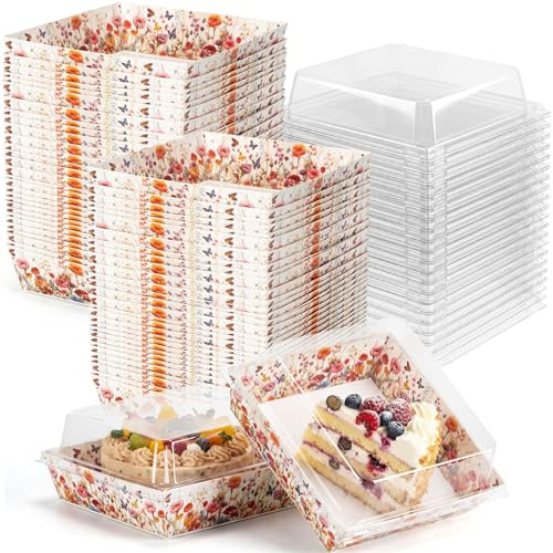 Potchen 50 Pack Wildflowers Spring Charcuterie Boxes with Clear Lids – Multi Color Flowers Design Boxes with Window for Cookies, Candy, and Mini Cakes – Ideal for Spring Gift Giving & Bakery Packaging