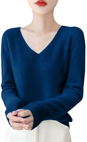 DUHGBNE Ladies Cotton roll Neck Jumper Women's Autumn and Winter New Line Pure Wool V Neck Solid Color Pullover Knitted Base Sweater V Sweater Warm Jumpers for Women UK Dark Blue