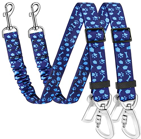 SlowTon Paquete de 2 Cinturones de Seguridad para Perros, Correa de Coche Amortiguador elástico Ajustable, Nailon de Alta Resistencia, Correa de Seguridad Reflectante para Mascotas (Azul)