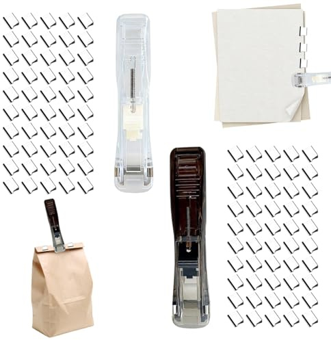 Juego de 2 grapadoras reutilizables creativas, grapadora sin grapas, mini grapas, dispensador de clips con 100 unidades, juego de grapadora push, clips para oficina escolar, para oficina, hogar