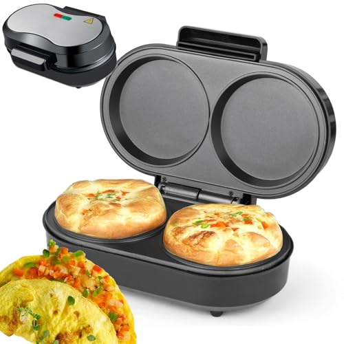 Omelette Maker Doble Omelette Maker, Placas Recubiertas Antiadherentes, 2 Placas de Cocción Individuales con Mango Cool Touch, Aparato de Desayuno Compacto y Fácil de Limpiar
