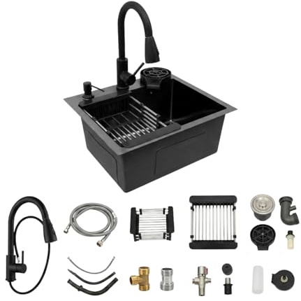 LENJKYYO Fregadero Negro 1 Seno 40x45cm Fregadero Cocina Acero Inoxidable con Nano Recubrimiento, Grifo Extensible 360° y Enjuagador de Tazas - Fregadero Multifuncional con Dispensador de Jabón 300ml