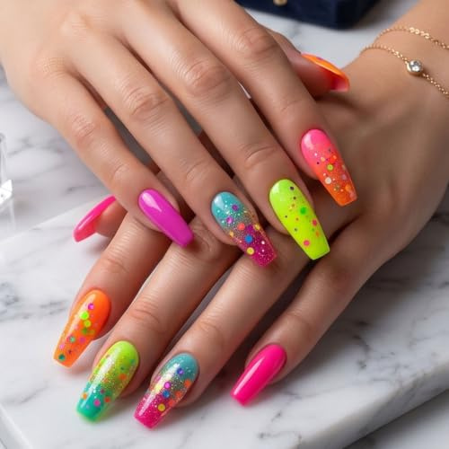 Higijapuf 24 Pieces Summer Press On Nails, Stick On Nails for Women, Fake Nails, Medium Coffin Shape, Gradient Colorful Polka Dot, Full Cover Reusable Press Ons for DIY Manicure