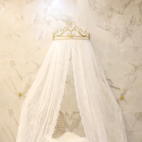 SDCGB Baldaquin de Lit avec Couronne pour Chambre de Petite Fille, Rideau de Lit de Princesse Voile Transparent et Dentelle Moustiquaire pour Lit Simple à Lit King Size, White