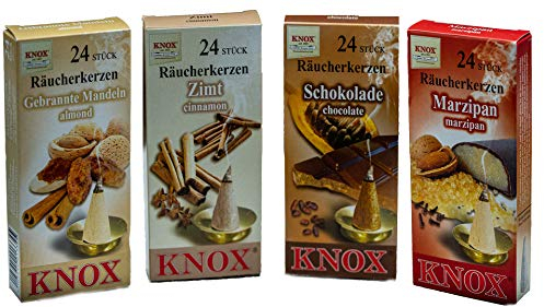Knox Räucherkerzen 4er Set - Bäckereimix - Düfte: Marzipan, gebrannte Mandel, Zimt, Schokolade - Menge: 96 - Made in Germany