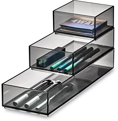 iDesign Make-up Organizer, Stack and Slide Schmink Aufbewahrung für den Schminktisch oder Schubladen, Schubladen Ordnungssystem aus Kunststoff, Grau, 30.25/9.93/5.08