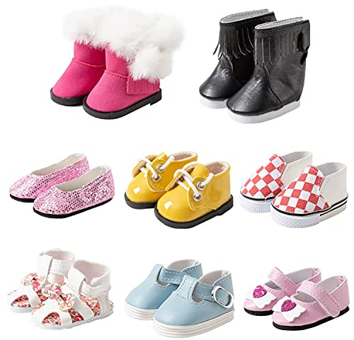 8 Pairs Doll Shoes Fit 14.5 inch American Doll Wellie Wishers Doll Including Boots, Sandals, Sneakers, Leather Shoes, etc