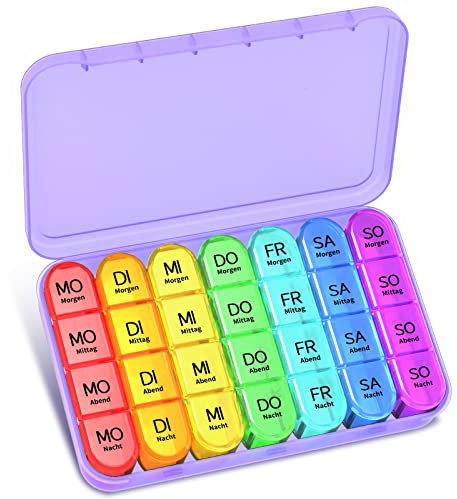 Betife Tablettenbox 7 Tage 4 Fächer Morgens Mittags Abends Nachts | BPA-Frei Pillendose Groß für Unterwegs | Medikamentenbox Wochenbox (Lila)