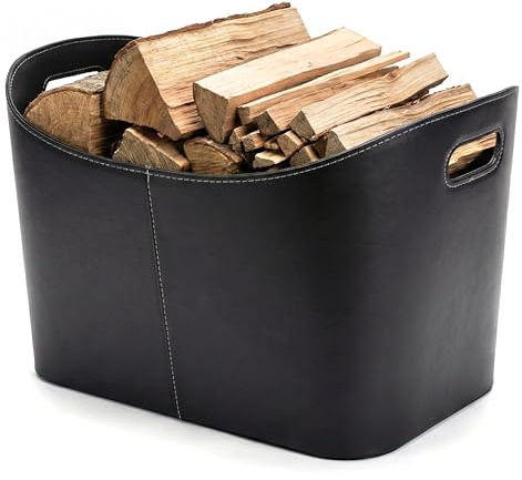 VIIRKUJA Feuerholzkorb - Robuster Korb für Brennholz, mit Kunst Leather, 2 Tragegriffe, ideal für Kaminzubehör, Innenbereich - 55x35,5x42,5 cm - Schwarz