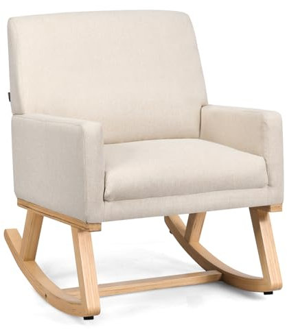 Costway Fauteuil Salon Scandinave à Bascule, Chaise Berçante Rembourrée d'Allaitement et de Relaxation, pour Balcon ou Chambre, Charge 120KG, Beige