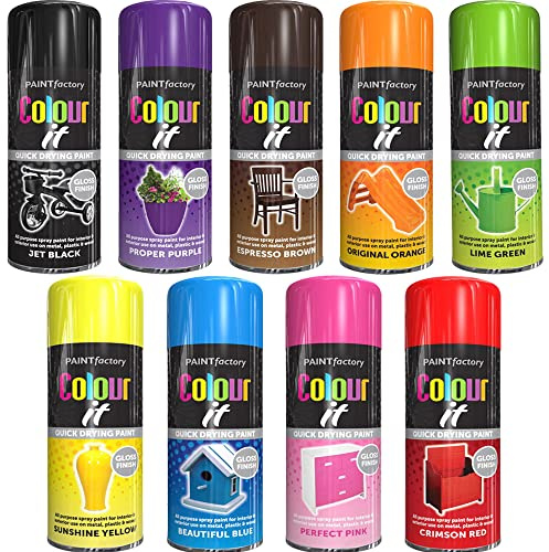 AlezyB - 9 Mix Cans Gloss Finish All Purpose spray paint 400ml Multipurpose AerosoL, Quick and Fast Drying and Excellent Coverage for Metal, Wood, Plastic - A10