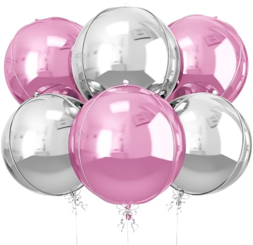 6Pcs Pink Silver Round Foil Balloons, 22inch 4D Metallic Silver Pink Balloons, Large Round Foil Ball Balloon for Women Birthday Anniversary Wedding Party Backdrop Decorations