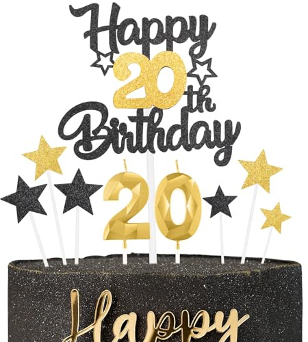 Décoration Or Noir Gâteau 20 Ans Anniversaire,9 Pièces Cake Topper 20 Ans,Bougies, Étoiles & Cœurs pour Cupcakes Décoration de Gâteau pour Femmes/Homme