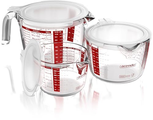 Arendo - Messbecher Set aus Glas mit Deckel - Größen 250ml, 500ml, 1000ml (0,25l 0,5l 1l) – Messkrug Glas Krug – Borosilikatglas – hitzebeständig – Mikrowellen geeignet – Küchenmessbecher