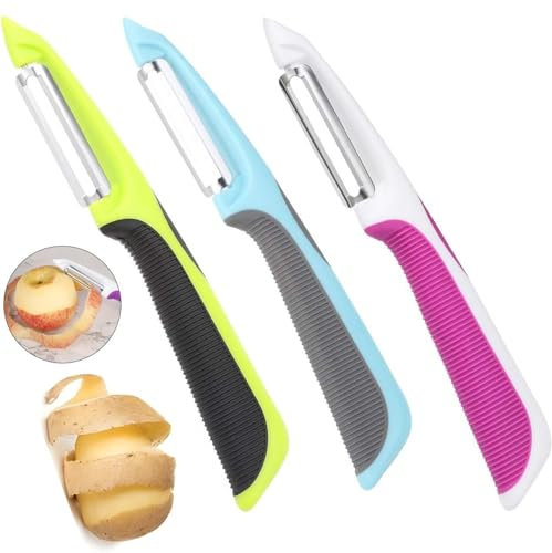 YUNYU Lot de 3 éplucheurs de pommes de terre en acier inoxydable avec poignée antidérapante – Éplucheur de carottes pour la cuisine légumes et fruits, vert/violet clair/violet foncé