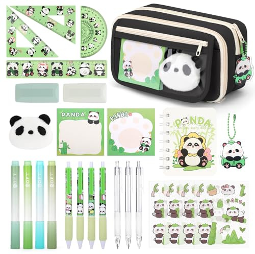 KOSTACHI Astuccio Scuola Panda Grande Capacità, Forniture Scolastiche Kawaii con Astuccio Panda Nero, Evidenziatori, Penne Gel, Nastri Correttori & Righelli, Set di Cancelleria per Studenti