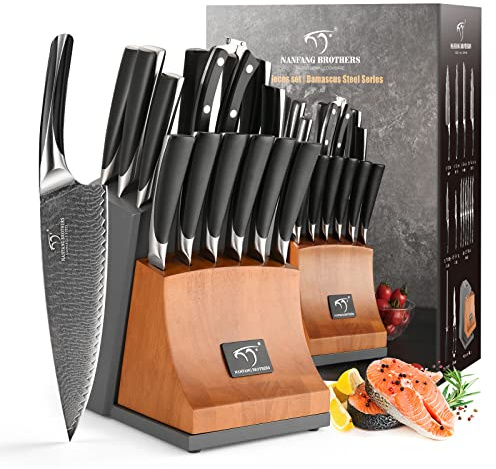 NANFANG BROTHERS VG10 Knife Set with Block - 15 Piece Damascus Chef's Knives with Sharpening Rod, Kitchen Shears & ABS Block, Luxury Gift Box for Butcher & Home Cooks