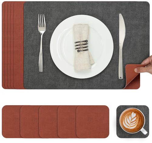 Myir JUN Table Mats Placemats and Coaster Sets 6 Place Mats for Table | Dual-Sided Faux Leather Table Mats Heat-Resistant Waterproof Non-Slip 43 x 30 cm for Kitchen Dining Outdoor(Grey Terracotta)