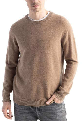 Chanyarn Men's 100% Merino Wool Sweater 2025 Fall Winter First-Line Ready to Wear Crew Neck Long Sleeve Seamless Knit Sweater (Tan,L)