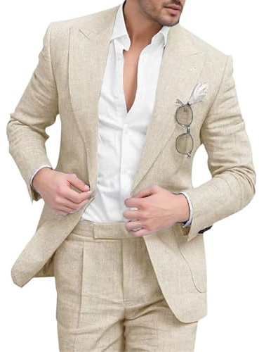 Ensemble de Costume en Lin pour Homme, Coupe Classique, 2 pièces, Blazer et Pantalon décontractés, idéal pour l'été, la Plage, Les Mariages, Les bals de Promo, garçons d'honneur, Couleur Abricot, XL.