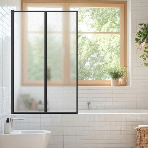 Daromigo Mampara de ducha para bañera de 100 x 140 cm, 2 piezas, plegable de plástico PS irrompible, accesorio para bañera con marco de aluminio negro, mampara de ducha con estructura de gotas como