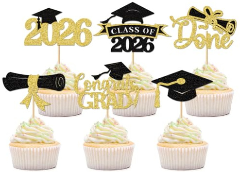 24 Pezzi Glitterati 2026, Decorazione per Cupcake, Decorazioni Torte per Festa di Laurea