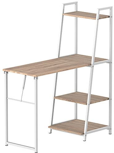 HOMCOM Schreibtisch klappbar mit 4 Tier Bücherregal, Computertisch, Bürotisch, E1 Spanplatte, Metallrahmen, Natur+Weiß, 106 x 48 x 128 cm